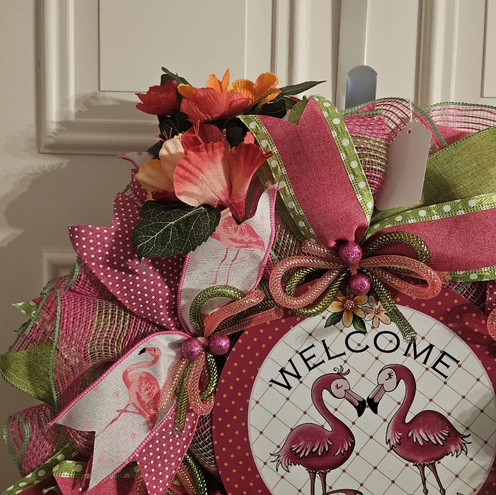 Festive Pink and Green Flamingo Wreath